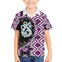 Purple Taniko Motif Aotearoa Manaia and Silver Fern Family Matching Short Sleeve Bodycon Dress and Hawaiian Shirt