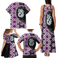 Purple Taniko Motif Aotearoa Manaia and Silver Fern Family Matching Tank Maxi Dress and Hawaiian Shirt LT03 - Polynesian Pride