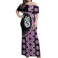 Purple Taniko Motif Aotearoa Manaia and Silver Fern Off Shoulder Maxi Dress