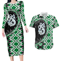 Green Taniko Motif Aotearoa Manaia and Silver Fern Couples Matching Long Sleeve Bodycon Dress and Hawaiian Shirt LT03 Green - Polynesian Pride