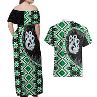Green Taniko Motif Aotearoa Manaia and Silver Fern Couples Matching Off Shoulder Maxi Dress and Hawaiian Shirt LT03 - Polynesian Pride