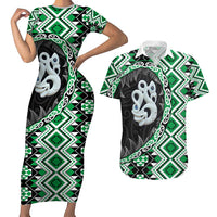 Green Taniko Motif Aotearoa Manaia and Silver Fern Couples Matching Short Sleeve Bodycon Dress and Hawaiian Shirt LT03 Green - Polynesian Pride