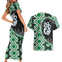 Green Taniko Motif Aotearoa Manaia and Silver Fern Couples Matching Short Sleeve Bodycon Dress and Hawaiian Shirt LT03 - Polynesian Pride