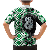 Green Taniko Motif Aotearoa Manaia and Silver Fern Family Matching Mermaid Dress and Hawaiian Shirt LT03 - Polynesian Pride