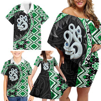 Green Taniko Motif Aotearoa Manaia and Silver Fern Family Matching Off Shoulder Short Dress and Hawaiian Shirt LT03 - Polynesian Pride