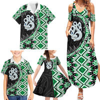 Green Taniko Motif Aotearoa Manaia and Silver Fern Family Matching Summer Maxi Dress and Hawaiian Shirt LT03 - Polynesian Pride