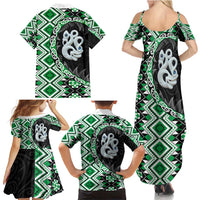 Green Taniko Motif Aotearoa Manaia and Silver Fern Family Matching Summer Maxi Dress and Hawaiian Shirt LT03 - Polynesian Pride