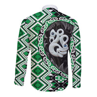 Green Taniko Motif Aotearoa Manaia and Silver Fern Long Sleeve Button Shirt
