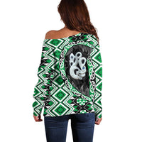 Green Taniko Motif Aotearoa Manaia and Silver Fern Off Shoulder Sweater LT03 - Polynesian Pride