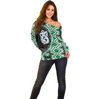 Green Taniko Motif Aotearoa Manaia and Silver Fern Off Shoulder Sweater LT03 - Polynesian Pride