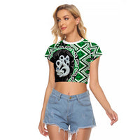 Green Taniko Motif Aotearoa Manaia and Silver Fern Raglan Cropped T Shirt