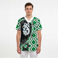 Green Taniko Motif Aotearoa Manaia and Silver Fern Scrub Top - Polynesian Pride