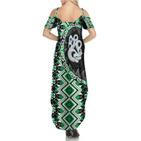 Green Taniko Motif Aotearoa Manaia and Silver Fern Summer Maxi Dress