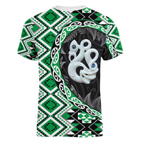 Green Taniko Motif Aotearoa Manaia and Silver Fern Women V-Neck T-Shirt