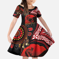 Tonga and Australia ANZAC Day Family Matching Long Sleeve Bodycon Dress and Hawaiian Shirt Aboriginal and Ngatu Art Pattern - Gallipoli Lest We Forget LT03 Daughter's Dress Black - Polynesian Pride