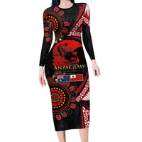 Tonga and Australia ANZAC Day Family Matching Long Sleeve Bodycon Dress and Hawaiian Shirt Aboriginal and Ngatu Art Pattern - Gallipoli Lest We Forget LT03 Mom's Dress Black - Polynesian Pride
