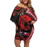 Tonga and Australia ANZAC Day Family Matching Off Shoulder Short Dress and Hawaiian Shirt Aboriginal and Ngatu Art Pattern - Gallipoli Lest We Forget LT03 Mom's Dress Black - Polynesian Pride