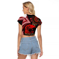 Tonga and Australia ANZAC Day Raglan Cropped T Shirt Aboriginal and Ngatu Art Pattern - Gallipoli Lest We Forget
