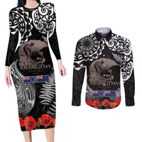 New Zealand and Cook Islands ANZAC Day Couples Matching Long Sleeve Bodycon Dress and Long Sleeve Button Shirt Gallipoli Lest We Forget Tatau Art Tribal and Maori Tattoo with Fern LT03 Black - Polynesian Pride