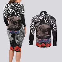 New Zealand and Cook Islands ANZAC Day Couples Matching Long Sleeve Bodycon Dress and Long Sleeve Button Shirt Gallipoli Lest We Forget Tatau Art Tribal and Maori Tattoo with Fern LT03 - Polynesian Pride
