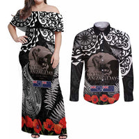 New Zealand and Cook Islands ANZAC Day Couples Matching Off Shoulder Maxi Dress and Long Sleeve Button Shirt Gallipoli Lest We Forget Tatau Art Tribal and Maori Tattoo with Fern LT03 Black - Polynesian Pride