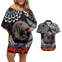 New Zealand and Cook Islands ANZAC Day Couples Matching Off Shoulder Short Dress and Hawaiian Shirt Gallipoli Lest We Forget Tatau Art Tribal and Maori Tattoo with Fern LT03 Black - Polynesian Pride