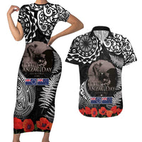New Zealand and Cook Islands ANZAC Day Couples Matching Short Sleeve Bodycon Dress and Hawaiian Shirt Gallipoli Lest We Forget Tatau Art Tribal and Maori Tattoo with Fern LT03 Black - Polynesian Pride