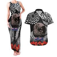 New Zealand and Cook Islands ANZAC Day Couples Matching Tank Maxi Dress and Hawaiian Shirt Gallipoli Lest We Forget Tatau Art Tribal and Maori Tattoo with Fern LT03 Black - Polynesian Pride