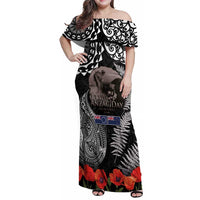 New Zealand and Cook Islands ANZAC Day Family Matching Off Shoulder Maxi Dress and Hawaiian Shirt Gallipoli Lest We Forget Tatau Art Tribal and Maori Tattoo with Fern LT03 Mom's Dress Black - Polynesian Pride