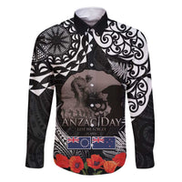 New Zealand and Cook Islands ANZAC Day Family Matching Summer Maxi Dress and Hawaiian Shirt Gallipoli Lest We Forget Tatau Art Tribal and Maori Tattoo with Fern LT03 Dad's Shirt - Long Sleeve Black - Polynesian Pride