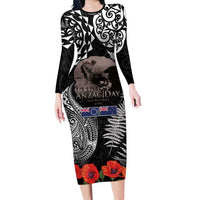 New Zealand and Cook Islands ANZAC Day Long Sleeve Bodycon Dress Gallipoli Lest We Forget Tatau Art Tribal and Maori Tattoo with Fern LT03 Long Dress Black - Polynesian Pride