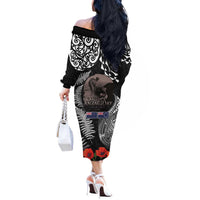 New Zealand and Cook Islands ANZAC Day Off The Shoulder Long Sleeve Dress Gallipoli Lest We Forget Tatau Art Tribal and Maori Tattoo with Fern LT03 - Polynesian Pride