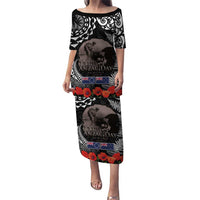 New Zealand and Cook Islands ANZAC Day Puletasi Gallipoli Lest We Forget Tatau Art Tribal and Maori Tattoo with Fern LT03 Long Dress Black - Polynesian Pride