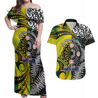 New Zealand and Cook Islands Together Couples Matching Off Shoulder Maxi Dress and Hawaiian Shirt Tatau Art Tribal Pattern-Maori Tattoo with Fern and Paua Shell LT03 Art - Polynesian Pride
