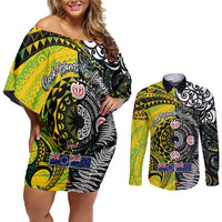 New Zealand and Cook Islands Together Couples Matching Off Shoulder Short Dress and Long Sleeve Button Shirt Tatau Art Tribal Pattern-Maori Tattoo with Fern and Paua Shell LT03 Art - Polynesian Pride