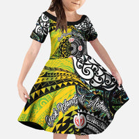 New Zealand and Cook Islands Together Family Matching Off Shoulder Maxi Dress and Hawaiian Shirt Tatau Art Tribal Pattern-Maori Tattoo with Fern and Paua Shell LT03 Daughter's Dress Art - Polynesian Pride