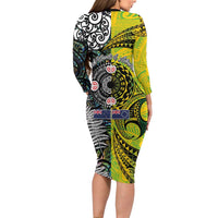 New Zealand and Cook Islands Together Long Sleeve Bodycon Dress Tatau Art Tribal Pattern-Maori Tattoo with Fern and Paua Shell LT03 - Polynesian Pride