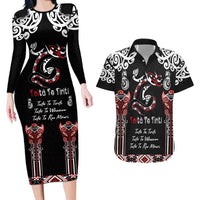 Aotearoa Toitu Te Tiriti-Maori Taniwha Couples Matching Long Sleeve Bodycon Dress and Hawaiian Shirt Toitu Te Whenua Toitu Te Reo Maori LT03 Black - Polynesian Pride