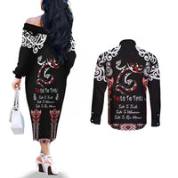 Aotearoa Toitu Te Tiriti-Maori Taniwha Couples Matching Off The Shoulder Long Sleeve Dress and Long Sleeve Button Shirt Toitu Te Whenua Toitu Te Reo Maori LT03 - Polynesian Pride