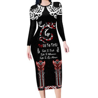 Aotearoa Toitu Te Tiriti-Maori Taniwha Long Sleeve Bodycon Dress Toitu Te Whenua Toitu Te Reo Maori LT03 Long Dress Black - Polynesian Pride