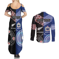 Personalised Aotearoa and Samoa Together Couples Matching Summer Maxi Dress and Long Sleeve Button Shirt Tatau Art Tattoos-Taniko and Tukutuku with Maori Pattern