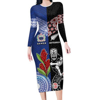 Custom Aotearoa and Samoa Rugby Family Matching Long Sleeve Bodycon Dress and Hawaiian Shirt Maori Warrior and Teuila Emblem-Tatau with Taniko Art LT03 Mom's Dress Black - Polynesian Pride