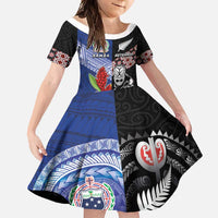 Custom Aotearoa and Samoa Rugby Family Matching Off Shoulder Maxi Dress and Hawaiian Shirt Maori Warrior and Teuila Emblem-Tatau with Taniko Art LT03 Daughter's Dress Black - Polynesian Pride