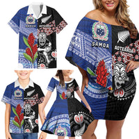 Custom Aotearoa and Samoa Rugby Family Matching Off Shoulder Short Dress and Hawaiian Shirt Maori Warrior and Teuila Emblem-Tatau with Taniko Art LT03 - Polynesian Pride
