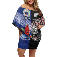 Custom Aotearoa and Samoa Rugby Family Matching Off Shoulder Short Dress and Hawaiian Shirt Maori Warrior and Teuila Emblem-Tatau with Taniko Art LT03 Mom's Dress Black - Polynesian Pride