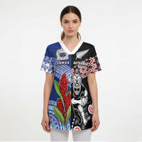 Custom Aotearoa and Samoa Rugby Scrub Top Maori Warrior and Teuila Emblem-Tatau with Taniko Art - Polynesian Pride