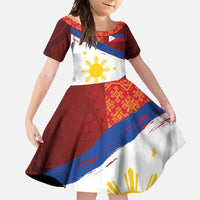 Philippines National Flag Day Family Matching Off Shoulder Maxi Dress and Hawaiian Shirt Polynesian and Yakan Tattoo Brush Style LT03 Daughter's Dress Red - Polynesian Pride