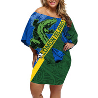 Solomon Island Crocodile and Shark Off Shoulder Short Dress Polynesian Pattern LT03 Women Blue - Polynesian Pride
