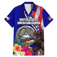 Personalised American Samoa and United States Family Matching Mermaid Dress and Hawaiian Shirt Bald Eagle and Seal Hibiscus Polynesian Pattern LT03 Dad's Shirt - Short Sleeve Blue - Polynesian Pride