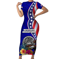 Personalised American Samoa and United States Family Matching Short Sleeve Bodycon Dress and Hawaiian Shirt Bald Eagle and Seal Hibiscus Polynesian Pattern LT03 Mom's Dress Blue - Polynesian Pride
